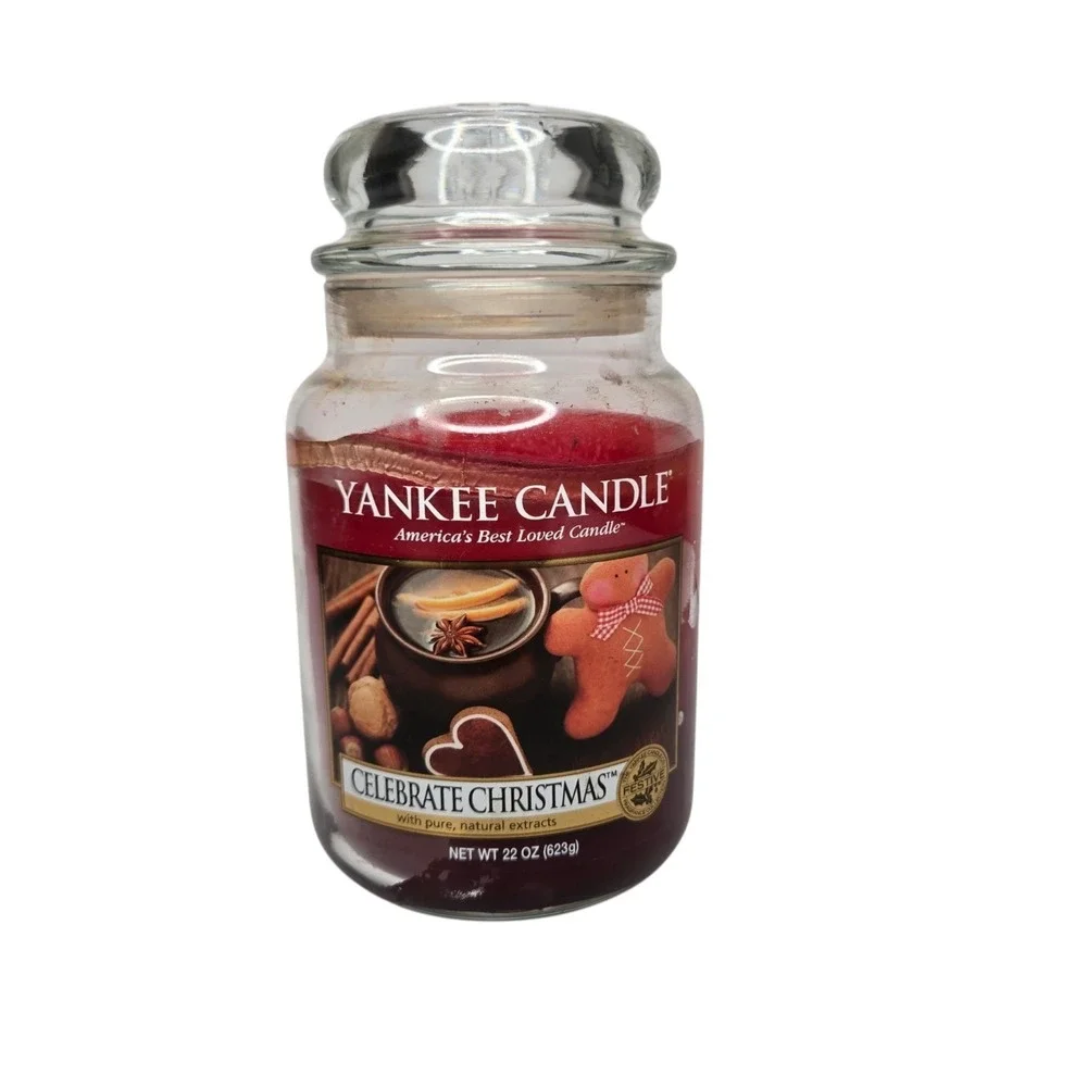 Yankee Candle CELEBRATE Christmas Large Jar 22 Oz Red Housewarmer Used